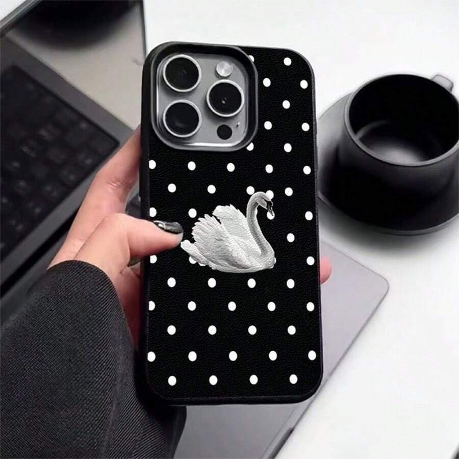 1件個性化天鵝波點圖案美學圖案黑色液態直邊手機殼,適用於 iPhone 16/16 Pro/16 Plus - 彩色 - 查看 1