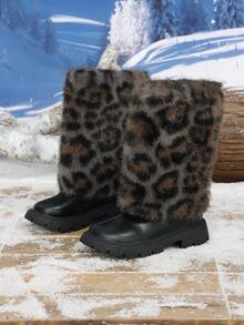 1 Pair Autumn/Winter New Random Leopard Print Decor Round Toe Mid-Calf Girls Boots, Fashion Casual Girls Snow Boots, Comfortable Warm Lining, Back Zipper Design, Suitable For School, Party, Performance, Walking And Other Occasions - Black - View 1