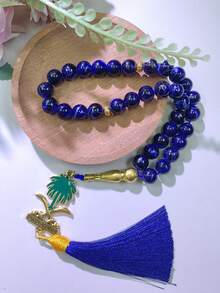 1pc 33-Bead Middle East Saudi Arabia Style Tasbih Prayer Beads With Green Floral Stone Texture, Saudi Emblem Pendant, Tassel Bracelet, Islamic Religious Gift - Multicolor - View 3