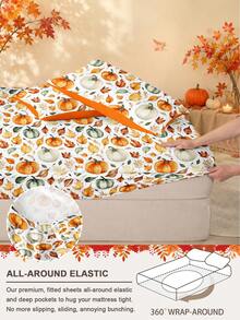 1pc Halloween Thanksgiving Leaf Pumpkin Print Fitted Sheet (Fitted Sheet Only), Machine Washable Durable Fitted Sheet, Autumn Holiday Bedroom Decor, Suitable For King/Queen/Full/Twin Size, Applicable For Home, Dorm, Apartment, Guest Room, Rental And Gift - Multicolor - View 5