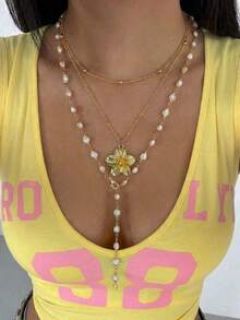 2pcs Fashionable Elegant Sexy Metal Flower Pendant Necklace Set With Pearl Chain, Suitable For Daily, Party, Evening Wear, Great Gift For Friends And Girlfriend - Yellow Gold - View 1