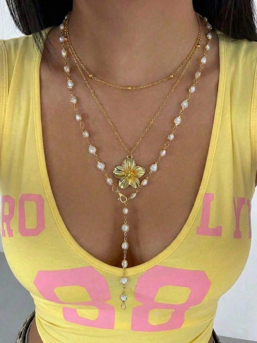 2pcs Fashionable Elegant Sexy Metal Flower Pendant Necklace Set With Pearl Chain, Suitable For Daily, Party, Evening Wear, Great Gift For Friends And Girlfriend - Yellow Gold - View 1