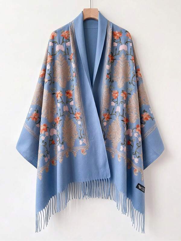1pc Women's Autumn/Winter Faux Cashmere Embroidered Scarf, Thick Warm Tassel Shawl Cape, Bohemian Style Travel Wrap
