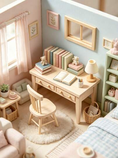 1 Set 11.6cm Dollhouse Miniature Luxury Realistic Book Desk Model Table And Chair Set, Creating High-Quality Warm-Textured Dollhouse Furniture, Used For Scene Decor, Small Item Storage, Hand-Painting DIY Modification, And Desktop Aesthetic Display Multi-Functional Mini Book Desk And Chair Set
