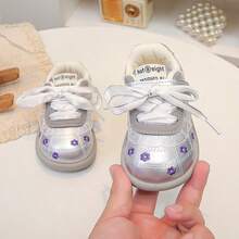 1 Pair Girls' New Embroidered Floral Lightweight Comfortable Casual Shoes, Versatile Sweet Princess Sneakers - Silver - View 3