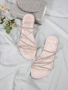 Women's Flat Single Strap Rhinestone Slippers, Versatile Fashion Fairy High-End Style, Suitable For Dating, Shopping, Gathering, Home And Casual Wear - Pink Rose - View 4