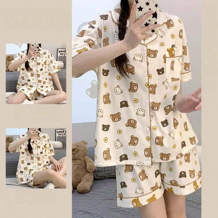 San-X Rilakkuma 卡通慵懶熊夏季新款女款短袖睡衣套裝，薄款舒適學生居家服，適合戶外穿著 - 彩色 - 查看 1