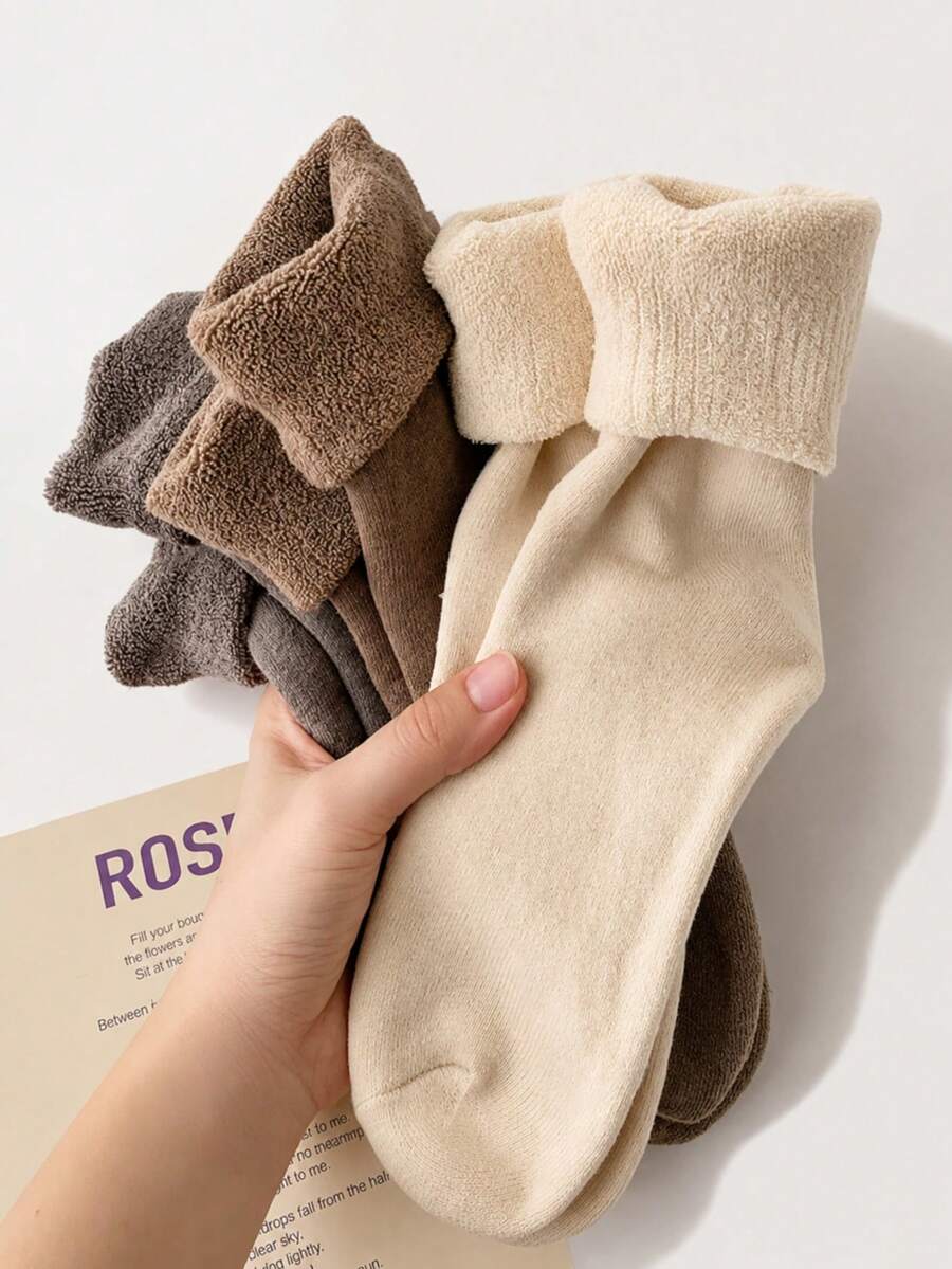 Random 3/5/10 Pairs Women's Mid-Calf Socks, Solid Color, Warm Fleece Lining, Postpartum Home Wear, Autumn/Winter - Multicolor - View 1