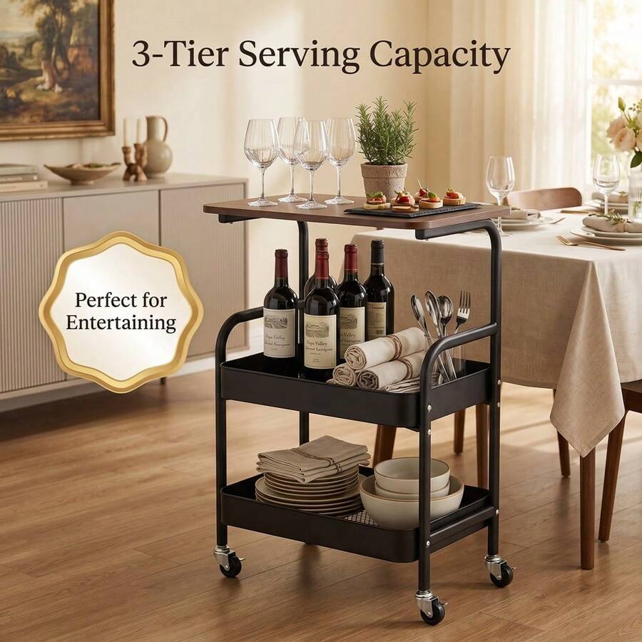 MAYSTAR Three-Tier Multi-Functional Mobile Cart With Wooden Table Board ...