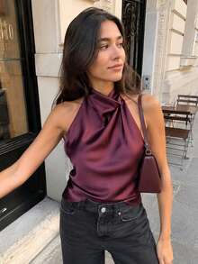 Áo tank top satin mùa hè dành cho nữ, gợi cảm, không tay, hở vai, lưng hở, kiểu dáng Y2K cho ngày Valentine. - Màu đỏ tím - Xem 1