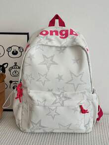 3 Piecesnylon Star Print Backpack Set, Foldable Multi-Pocket Large Capacity Zipper Backpack, Suitable For Teenagers And High School Students - Beige - View 5