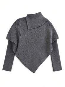 Sweater Rajut Longgar Wanita Warna Abu-abu dengan Kerah Asimetris Bergaris Diagonal dan Hem Asimetris, Atasan Rajut Desain Avant-Garde, Cocok untuk Pesta Fashion Gaya Jalanan - Dark Grey - View 3