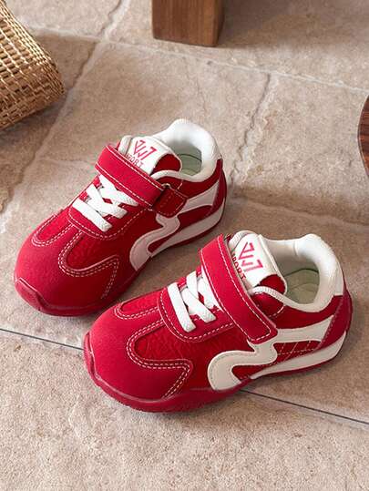 Children's Red & White Colorblock Litchi Grain Faux Leather Non-Slip Wide Round Toe Hook & Loop Retro Training Shoes, Kindergarten Daily Holiday All-Season Versatile Dirt-Resistant Breathable