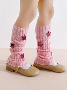 1 Pair Girls' Bright Pink Knitted All-Season Leg Warmers With Sequin Star Decor, Fashionable Spring/Autumn Leg Covers - Pink - View 3