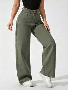 Apricot Color Straight Leg Casual Jeans For Teenage Girls - Army Green - View 4