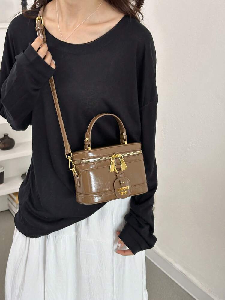 Tas Kotak Bergaya Niche Mewah Vintage dengan Liontin Huruf, Resleting Ganda, Tali Bahu yang Dapat Dilepas dan Disesuaikan, Perangkat Keras Logam, Penyimpanan Berlapis untuk Kosmetik, Ponsel, dan Barang Pribadi, Penutup Resleting Melingkar di Bagian Atas, Tas Kotak Mini 3-in-1 yang Indah, Tas Selempang Satu Bahu untuk Wanita - Khaki - View 5