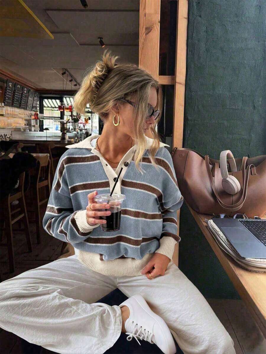 Women's Blue Striped Front Button Cardigan Sweater, Long Sleeve V-Neck Pullover, Ribbed Trim, Casual Autumn/Winter Knit Top, Suitable For Daily Wear - Blue - View 1
