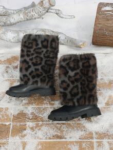 1 Pair Autumn/Winter New Random Leopard Print Decor Round Toe Mid-Calf Girls Boots, Fashion Casual Girls Snow Boots, Comfortable Warm Lining, Back Zipper Design, Suitable For School, Party, Performance, Walking And Other Occasions - Black - View 7