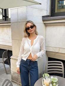 Women's White 3D Lace Cardigan | Sheer V-Neck Open Front Knit Shirt | Elegant Summer Parties & Wedding Cover Up For Daily Chic - White - View 3