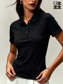 mulinsen 女款純色 Polo 領短袖襯衫，運動休閒日常夏季長袖上衣 - 深空黑 - 查看 3