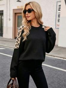 Women's Beige & Black Leopard Print Raglan Sleeve Crew Neck Cozy Thermal Pullover For Fall Winter Casual Comfort Essential, Back To School - Black - View 7