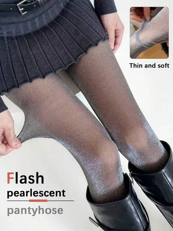 1 Pair Sexy Sparkling Pearlescent Silver Thread Tights, Lightweight Soft High Elasticity All Season Fitted Base Tights For Women