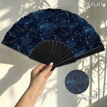 1pc Night Sky Constellation Line Kung Fu Fan, Black Ribs Satin Fabric, Minimalist Style Portable Cooling Hand Fan For Bedroom Decor - Multicolor - View 1