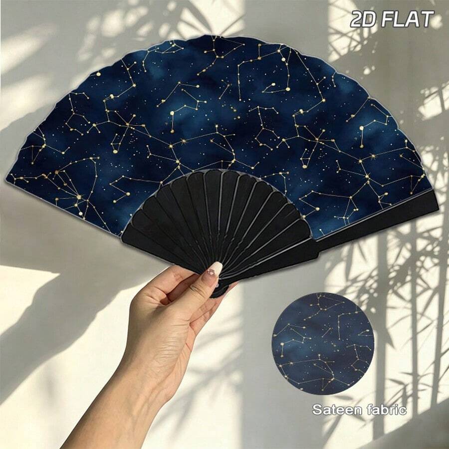 1pc Night Sky Constellation Line Kung Fu Fan, Black Ribs Satin Fabric, Minimalist Style Portable Cooling Hand Fan For Bedroom Decor - Multicolor - View 1