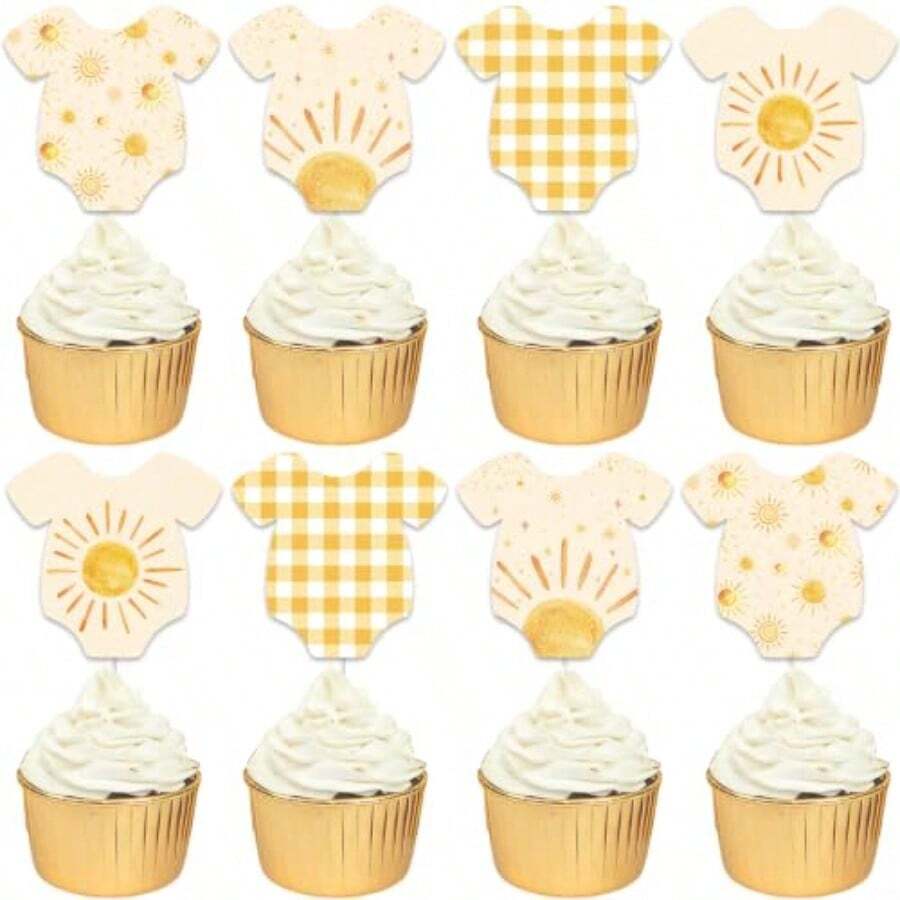 Sun Cupcake Toppers Boho Neutral Baby Shower Yellow Gingham Decor 24 Styles Double-Sided Yellow Sun Gingham Baby Cupcake Toppers, Boho Neutral Little Sunshine Baby Shower Dessert Decor - As Pic - View 1