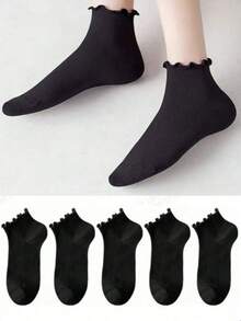 5 Pairs Women's Solid Color Sweet Cute Japanese Style Black Thin Ruffle Socks - Multicolor - View 1