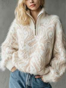 Autumn/Winter Thickened Plush Vintage Jacquard High Neck Zipper Loose Soft Long Sleeve Knit Sweater - White - View 1