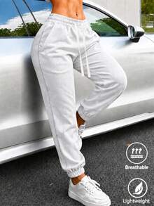 Calça de Moletom Feminina de Cor Sólida - Calça Casual Feminina, Estilo Outono/Inverno, Roupa Esportiva Essencial de Outono/Inverno - Cinza - Visão 4