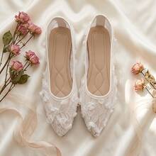 Women's White Pointed Toe Ballet Flats, Lace Mesh Rose Flower Decor, Breathable Hollow Out Slip-On Flat Shoes, Suitable For Party And Daily Wear - White - View 8