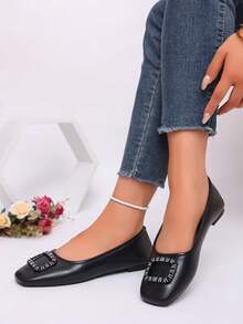 planare New Women's Popular Fashion Minimalist Solid Color Slip-On Square Toe Flat Black Loafers, Suitable For Daily Commute, Office, Evening Party And Other Occasions - Black - View 6
