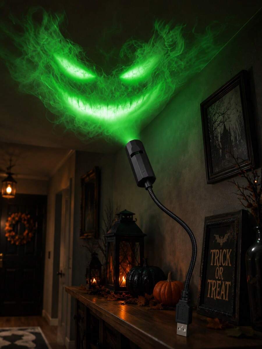 Halloween Ghost Face & Palm Effect Light, 7 Pattern Styles Including Green White Colorful Ghosts And Palm Designs, 360° Rotating USB Lamp With Multiple Pattern Discs For Bedroom Ceiling Decor