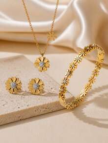 VceTd 1/2/3/4PCS Romantic Vacation Style Stainless Steel Women's Jewelry Set With Glass Inlaid Sunflower Decoration, Suitable For Women's Daily Wear Or Vacation Wear Or Holiday Gift - Yellow Gold - View 6