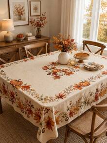 1pc Autumn Pumpkin Round Tablecloth, Polyester Circular Table Cover With Maple Leaves, Harvest Floral Print And Rustic Farmhouse Style For Dining Table, Kitchen Decor, Thanksgiving Dinner, Fall Party And Seasonal Home Decoration - Multicolor - View 6