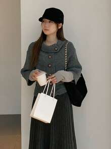 Vintage Lazy Design Women's Premium Elegant Versatile Short Knit Cardigan Sweater Tops - Grey - View 4