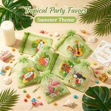 24/48pcs Olive Green Semi-Transparent Organza Gift Bags, Tropical Flamingo Toucan Pineapple Print Lightweight Visible Drawstring Bags, Smooth Cord Lock Design, Multi-Purpose Favor Bags For Wedding, Birthday, Hawaiian Party - 6 Mixed Styles - Green - View 2