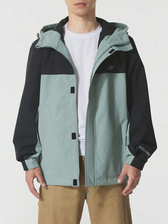 Skechers Men's Color-Block Hooded Outdoor Windbreaker Jacket - Olive Green - View 1