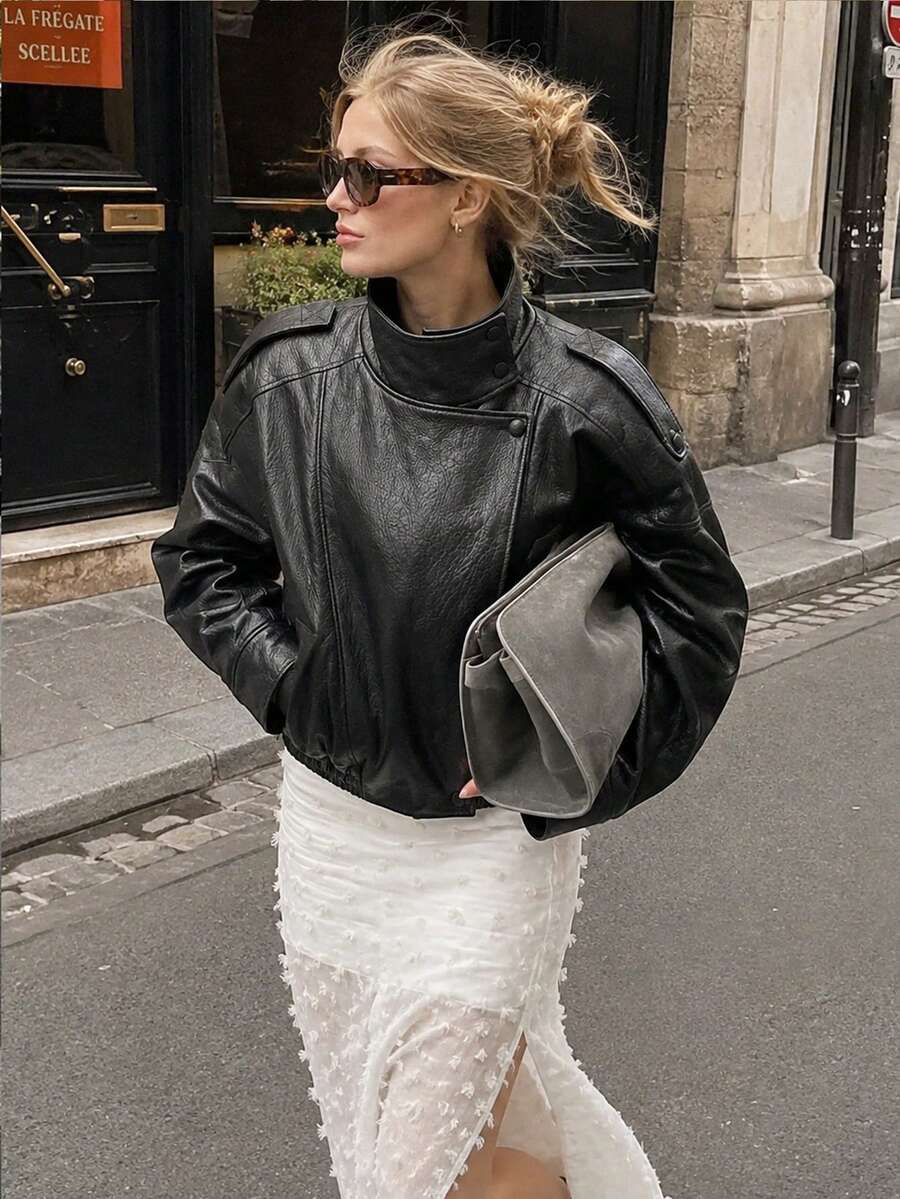 Women's Black PU Leather Jacket, Long Sleeve Zip-Up Bomber Jacket, Autumn/Winter Outerwear, Street Style - 黑色 - 查看 1