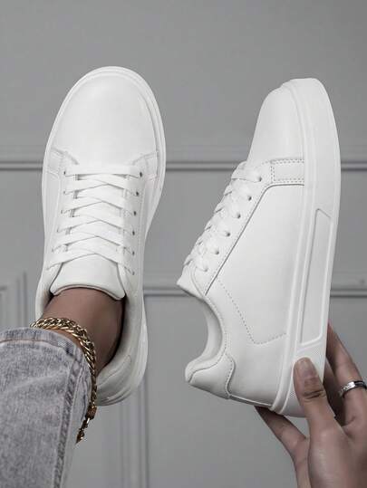 Women's Patchwork Solid Color Casual Sports Skateboard Shoes, Low-Top Lace-Up, Suitable For Daily Wear, Street Style, Casual Outings