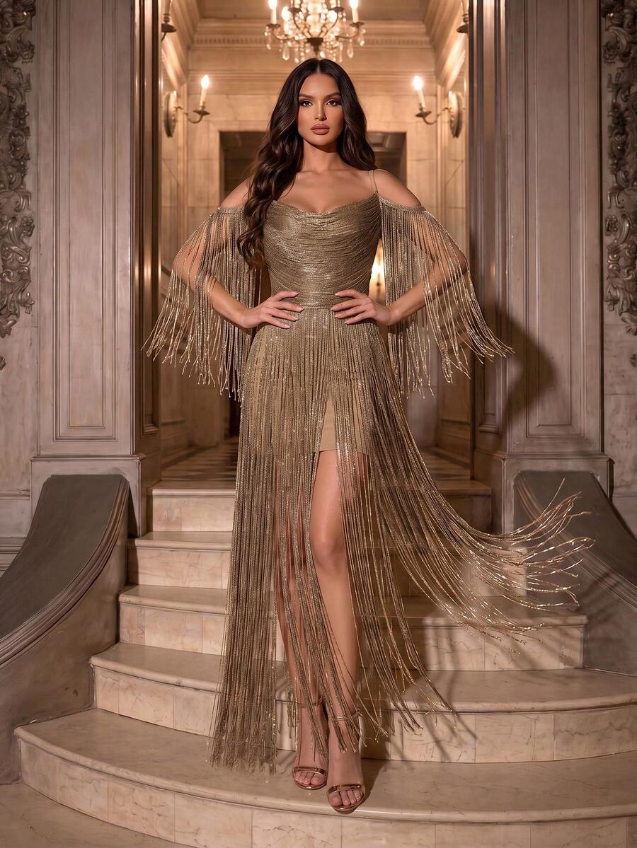 Modphy New Women's Gold Rhinestone Sexy Round Neck Off-Shoulder Sleeveless Backless Fashion Tassel Long Bandage Elegant Evening Dress, Wedding Party Fall - Apricot - View 1