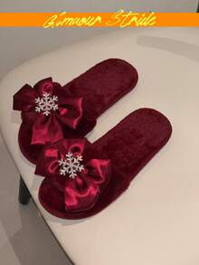 Burgundy Fuzzy Open Toe Slippers Satin Bow Rhinestone Snowflake Decor Christmas Warm Plush House Slides - Burgundy - View 3