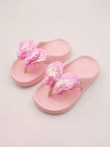 1 Pair Girls Bow Decor Flip Flops, Comfortable Breathable Flat Sandals, Suitable For Indoor/Outdoor Beach Vacation Pool Summer - Pink - View 2