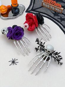 Women's Halloween Skeleton Hand Hair Clip, Gothic Skeleton Artificial Rose Eyeball Decor Side Hair Clip, Suitable For Women And Girls Horror Cosplay Party Hairstyle Accessory, Match Halloween Devil Party Costume Hair Accessory, Women's Halloween Hair Accessory Costume Prop, Women's Hair Clip, Halloween Costume, Women's Hair Accessory - Multicolor - View 3