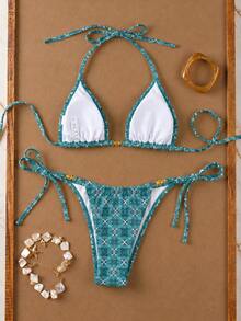 Women's Floral Print Halter Neck Bikini Swimwear Set, Fashionable For Beach Vacation Summer - Multicolor - View 3