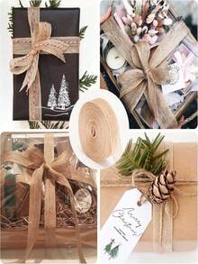 1pc/4pcs Natural Jute Ribbon Roll, Vintage Hollow Jute Fabric Ribbon, Wedding Christmas Gift Box Packaging, DIY Handmade Bow Decoration Hemp Rope Ribbon, Gift Wrapping Supplies (5m) - Webbing - View 7