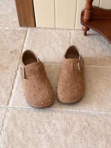Children's Matte Rhinestone Casual Loafers, Girls' Metal Buckle Soft Sole Vintage Shoes - Camel - View 4