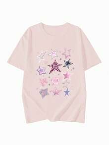 Y2K 千禧風女款夏季新款休閒寬鬆字母 X 星星印花短袖 T-shirt 上衣 粉色 - 粉色 - 查看 4
